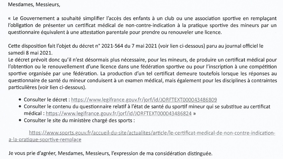 sport remplacement certificat mdical